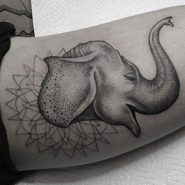Black Ink Dotwork Asian Elephant Head Tattoo Design For Half Sleeve