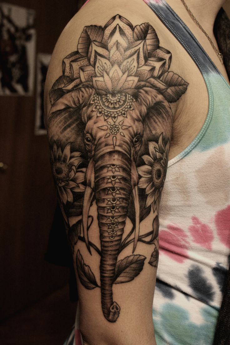 Black Ink Dotwork Asian Elephant Head With Flowers Tattoo On Girl Right Half Sleeve