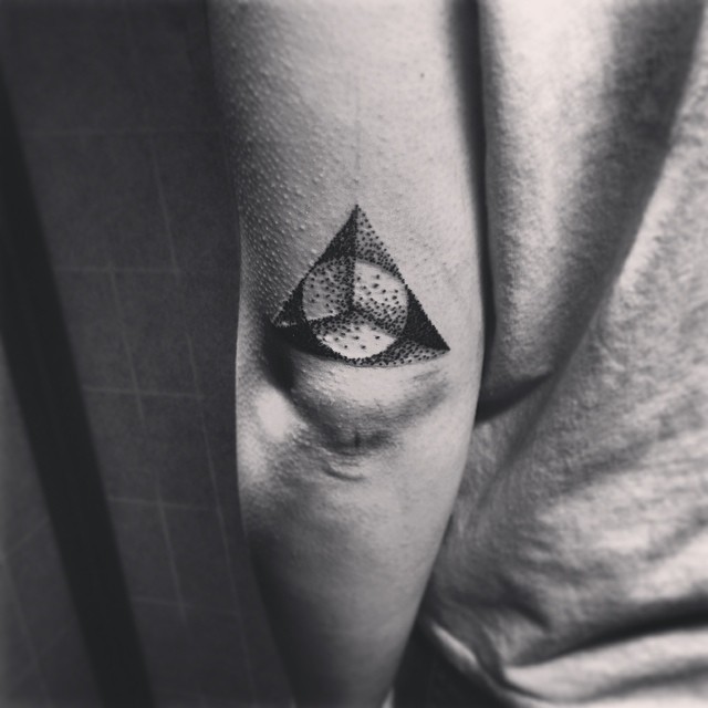 Black Ink Dotwork Circle In Triangle Tattoo On Left Elbow