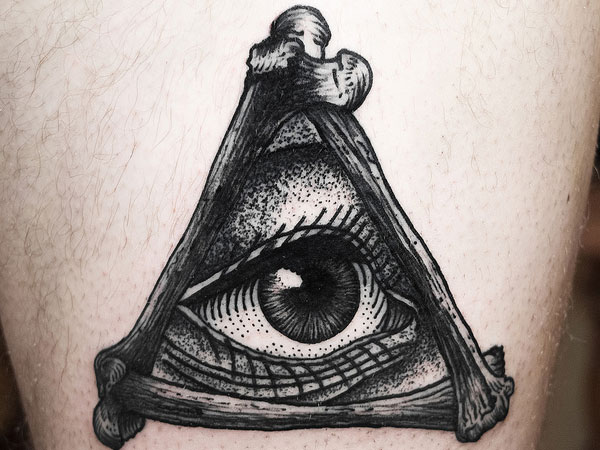 Black Ink Dotwork Eye In Triangle Tattoo Design