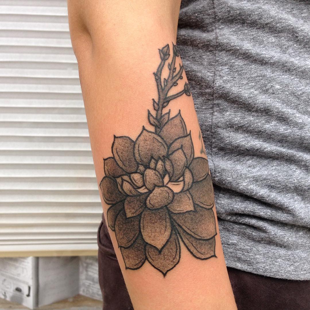 Black Ink Dotwork Rhododendron Flower Tattoo On Right Arm
