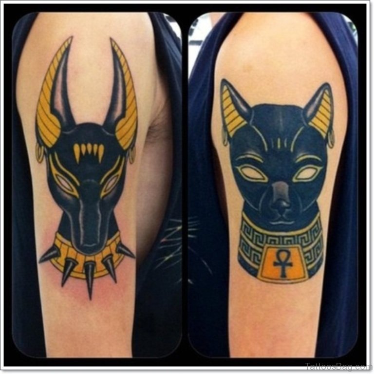 Black Ink Egyptian Anubis And Cat God Tattoos