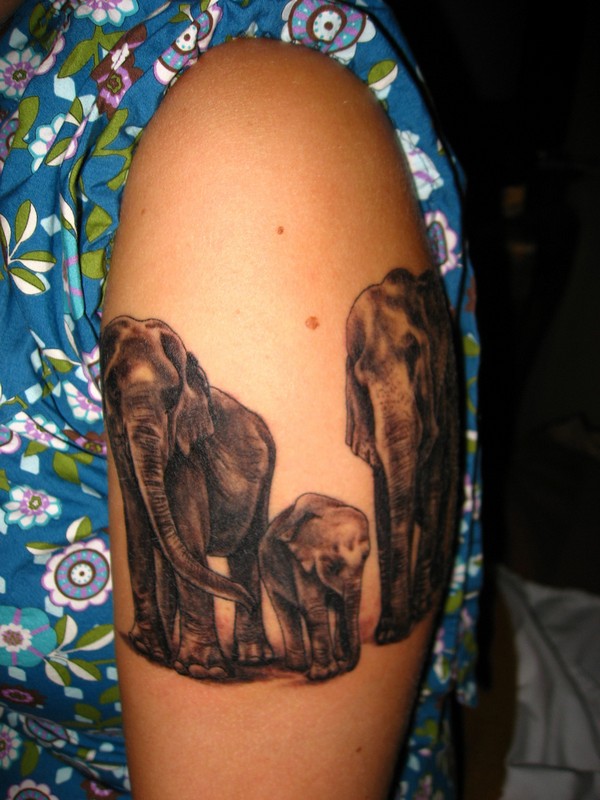 Black Ink Elephant Family Tattoo Design For Half Sleeve