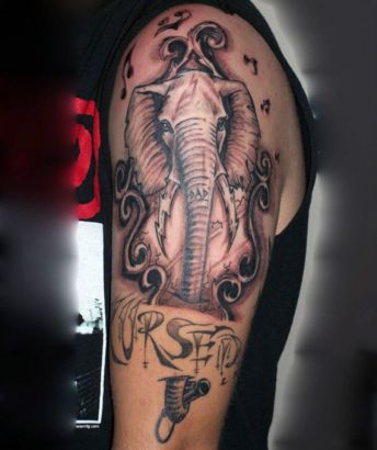 Black Ink Elephant Head Tattoo On Half Sleeve