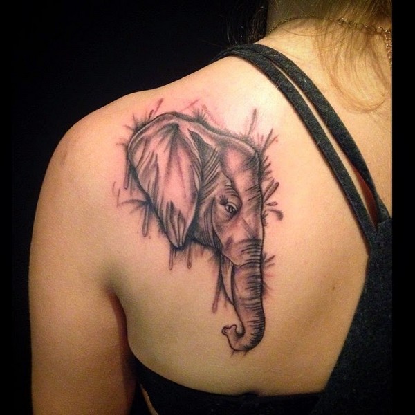 Black Ink Elephant Head Tattoo On Left Back Shoulder