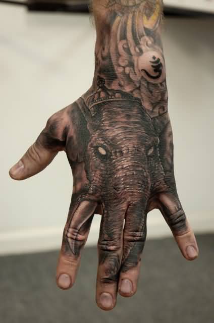 Black Ink Elephant Head Tattoo On Left Hand By Hailin Fu