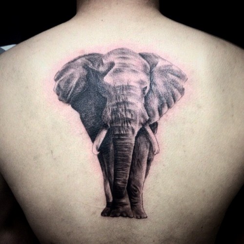 Black Ink Elephant Tattoo Design For Upper Back By Yunyi