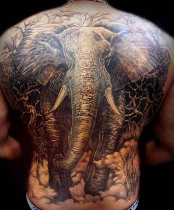 Black Ink Elephant Tattoo On Full Back