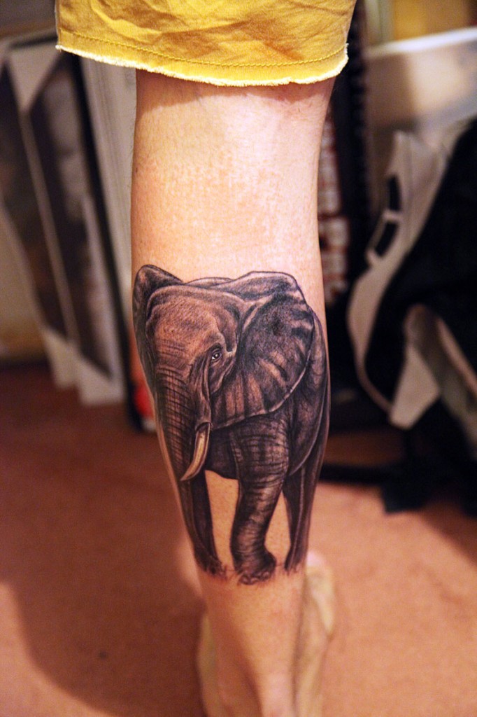 Black Ink Elephant Tattoo On Left Leg Calf