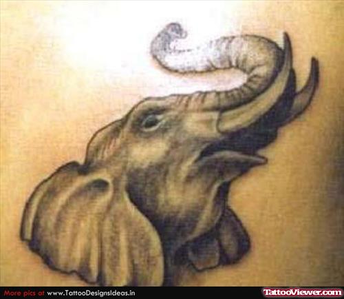 Black Ink Elephant Trunk Up Head Tattoo Design