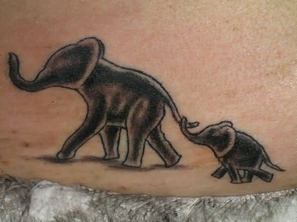 Black Ink Elephant With Baby Elephant Tattoo Design