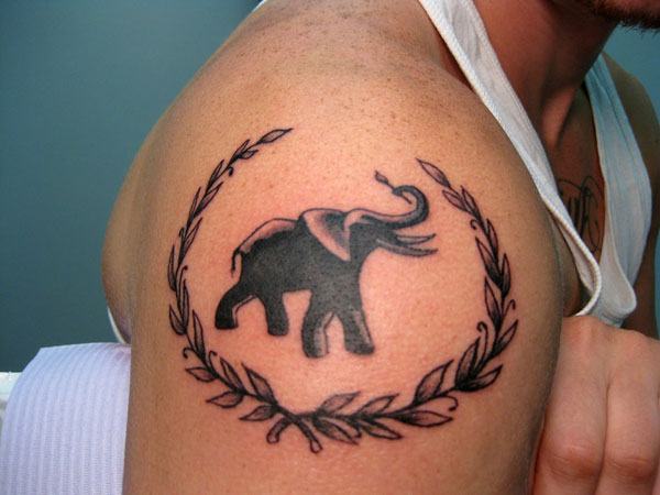 Black Ink Indian Elephant Tattoo On Man Right Shoulder