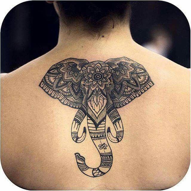 Black Ink Mandala Asian Elephant Tattoo On Upper Back