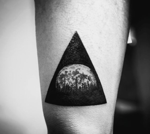 Black Ink Moon With Trees In Triangle Tattoo On Forearm