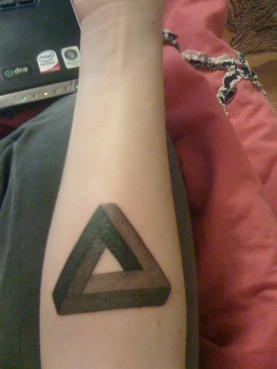 Black Ink Penrose Triangle Tattoo On Forearm