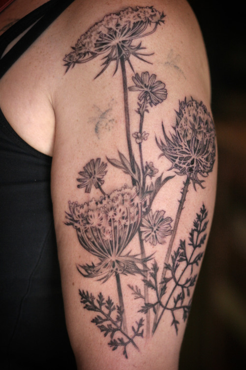 Black Ink Rhododendron Flowers Tattoo On Left Half Sleeve