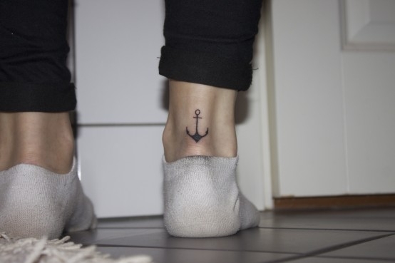 Black Ink Small Anchor Ankle Tattoo