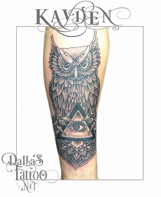 Black Ink Triangle Eye With Owl Tattoo Design For Forearm