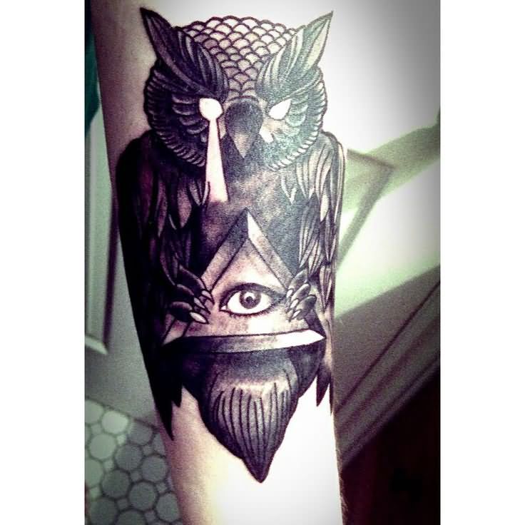 Black Ink Triangle Eye With Owl Tattoo Design For Sleeve