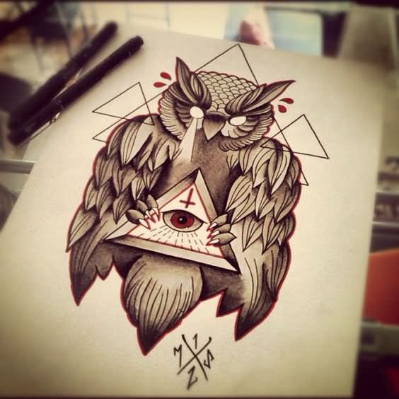 Black Ink Triangle Eye With Owl Tattoo Design