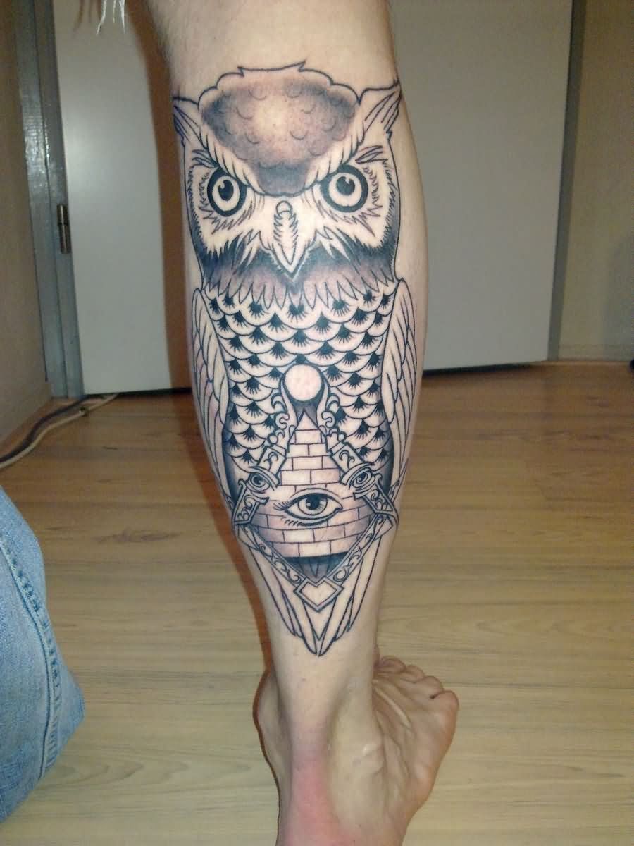 Black Ink Triangle Eye With Owl Tattoo On Right Leg Calf