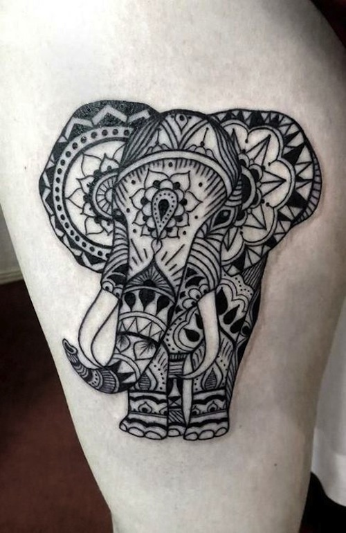 Black Mandala Elephant Tattoo Design For Thigh
