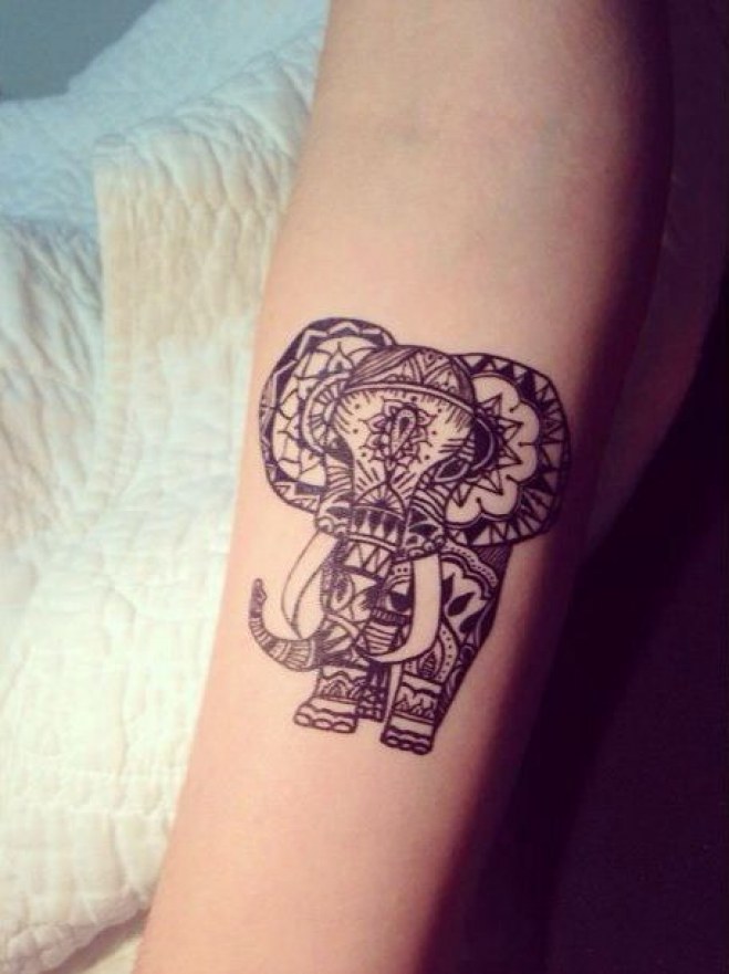 Black Mandala Elephant Tattoo On Forearm