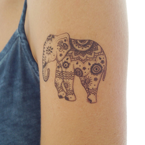 Black Mandala Indian Elephant Tattoo On Left Half Sleeve
