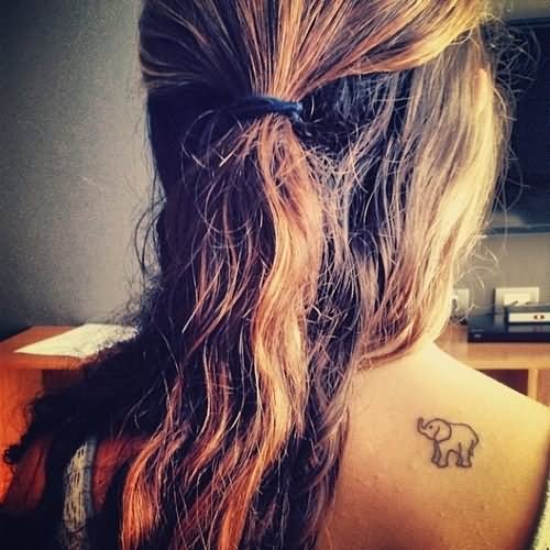Black Outline Baby Elephant Tattoo On Girl Right Back Shoulder