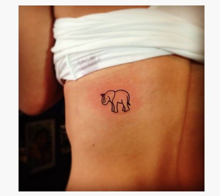 Black Outline Baby Elephant Tattoo On Left Side Rib