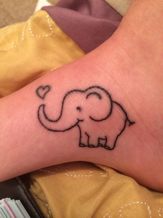 Black Outline Baby Elephant With Heart Tattoo On Ankle