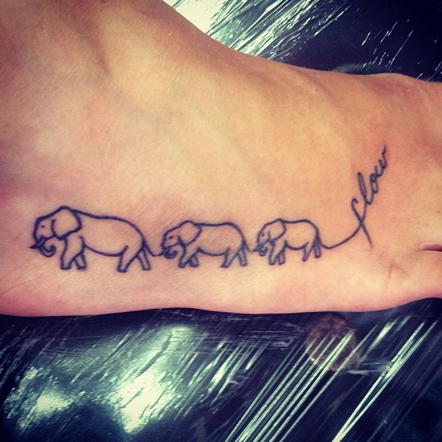 Black Outline Elephant Family Tattoo On Right Foot