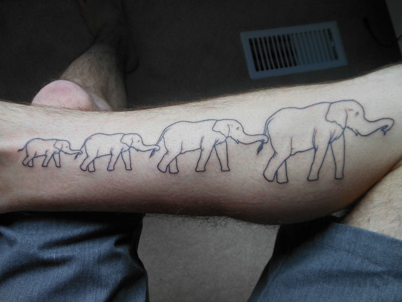 Black Outline Elephant Family Tattoo On Right Leg