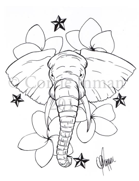 Black Outline Elephant Head With Flowers And Nautical Star Tattoo Design