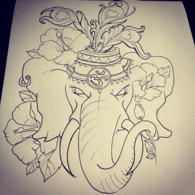 Black Outline Elephant Head With Flowers Tattoo Design