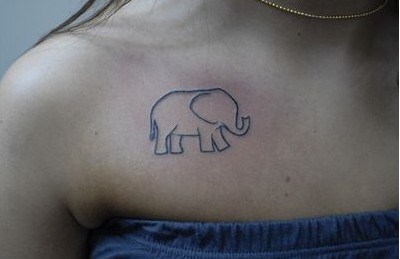 Black Outline Elephant Tattoo On Girl Right Front Shoulder