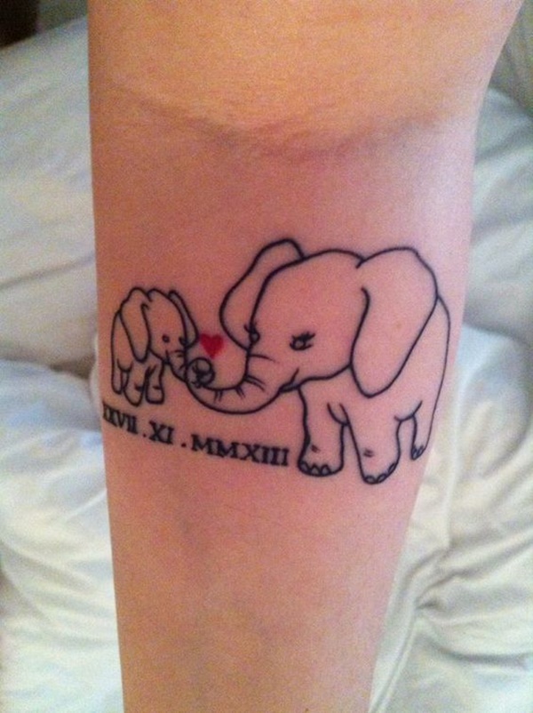 Black Outline Elephant With Baby Elephant Tattoo Design For Forearm