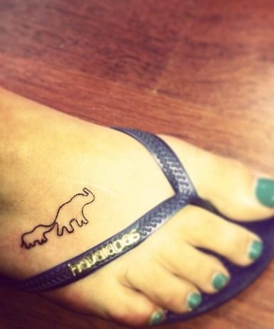 Black Outline Elephant With Baby Elephant Tattoo On Girl Right Foot