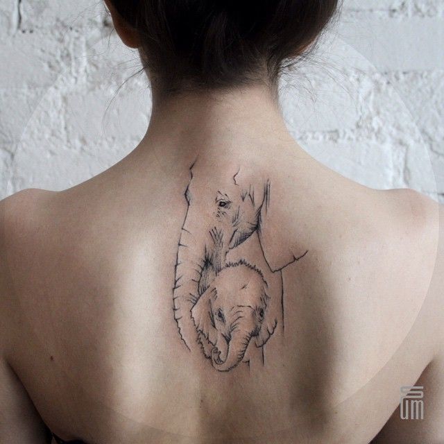 Black Outline Elephant With Baby Elephant Tattoo On Girl Upper Back By Dasha Sumkina