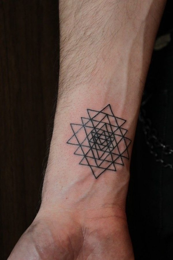 Black Outline Geometric Triangles Tattoo On Wrist