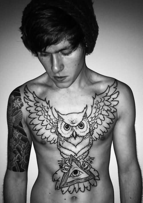 Black Outline Owl With Triangle Eye Tattoo On Man Chest