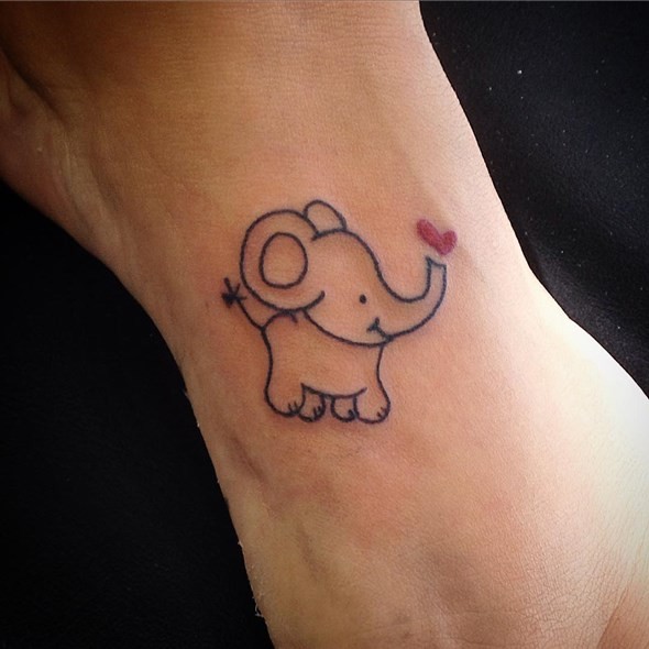 Black Outline Small Baby Elephant With Heart Tattoo Design For Foot