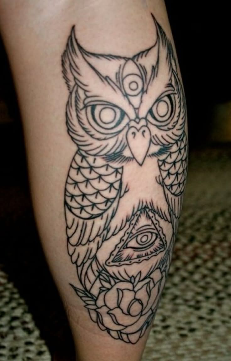Black Outline Triangle Eye In Owl With Rose Tattoo Design For Leg Calf