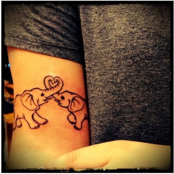 Black Outline Two Baby Elephant Tattoo Design For Half Sleeve