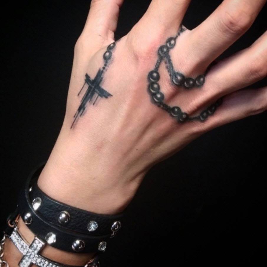 Black Rosary Cross Tattoo On Finger