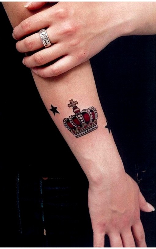 Black Stars And Crown Tattoo On Right Wrist