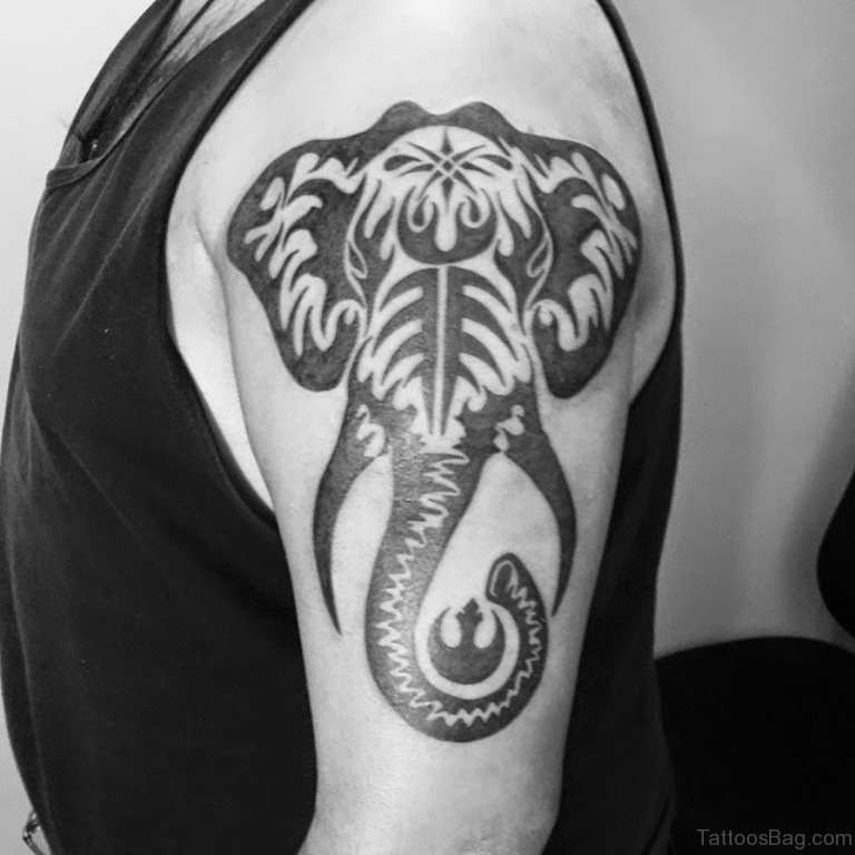 Black Tribal Elephant Head Tattoo On Left Half Sleeve