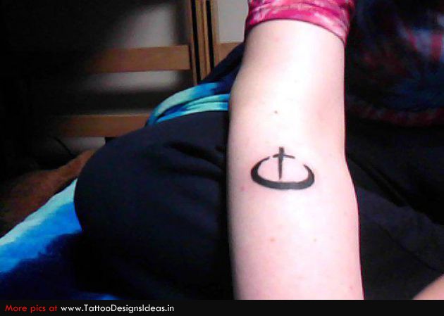 Black Zen Circle With Cross Tattoo On Forearm