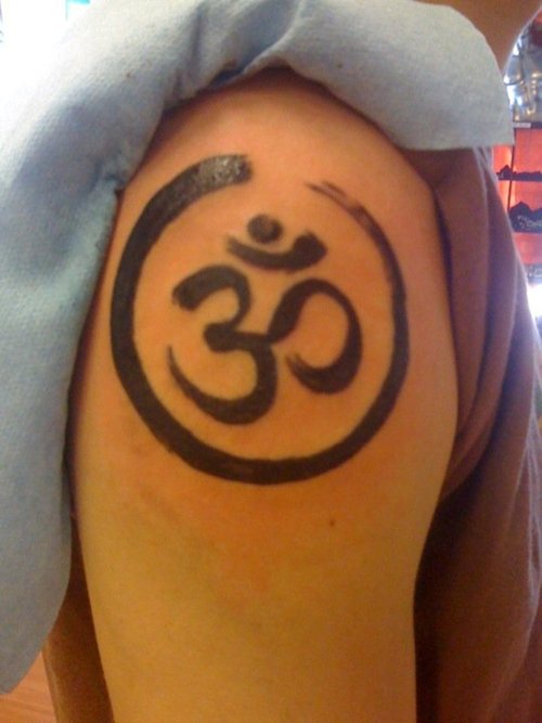 Black Zen Circle With Om Tattoo On Right Shoulder