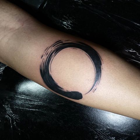 Black Zen Enco Circle Tattoo Design For Leg Calf